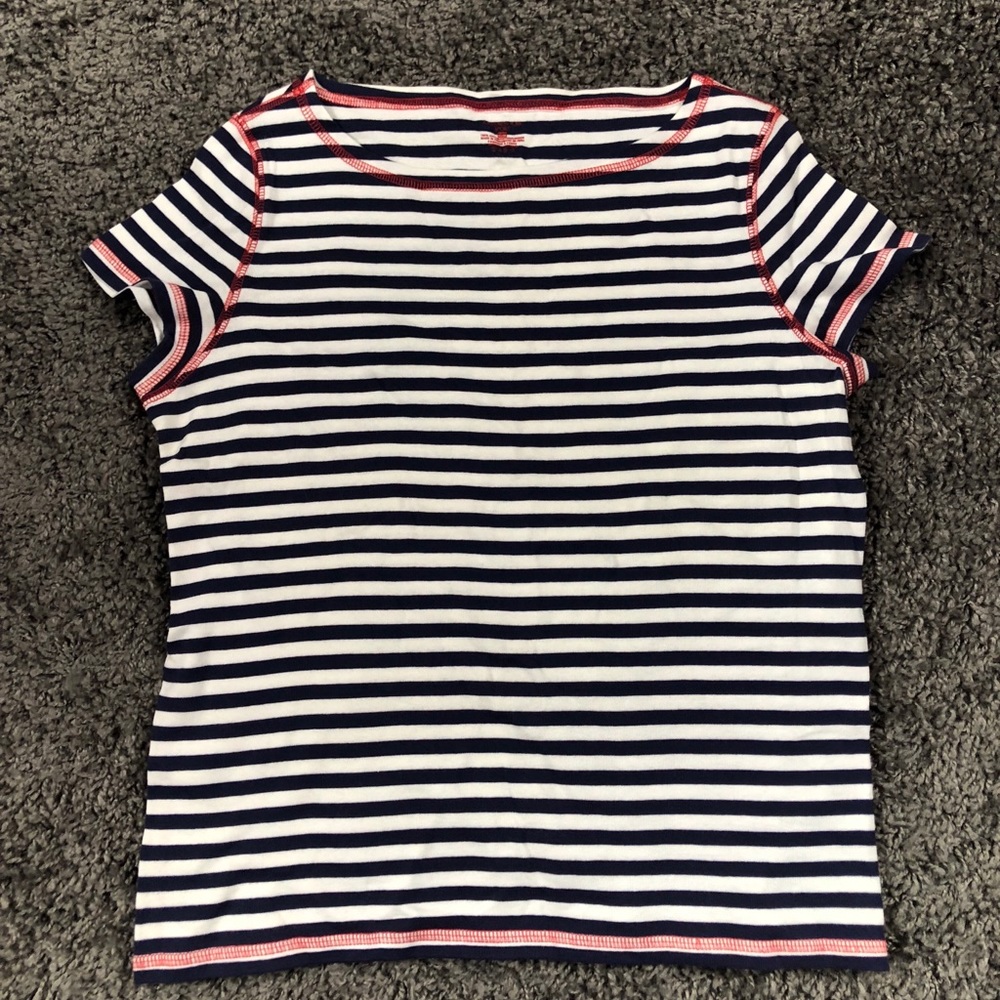 Blue and white with Red contrasting stitching